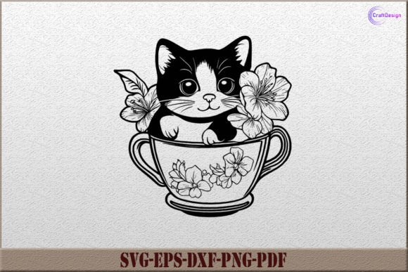 Cute Cat in Coffee Cup with Flowers Graphics for Crafts