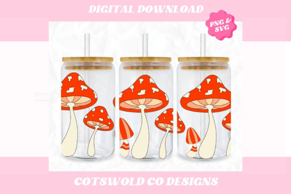 Mushroom Boho 16oz Libbey Cup Wrap PNG: Graphics & Illustrations