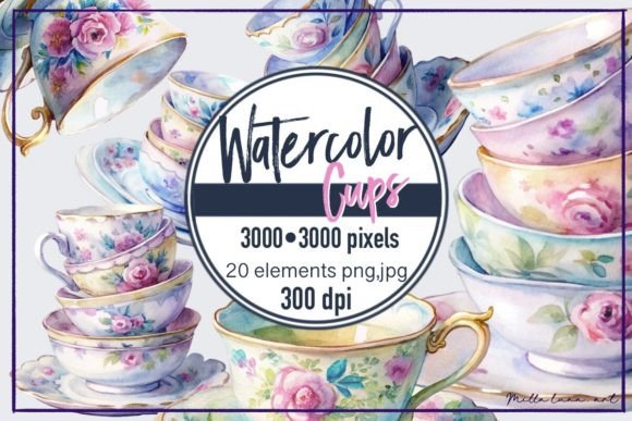Tea Cup Watercolor Clipart SVG, PNG: Graphics & Illustrations